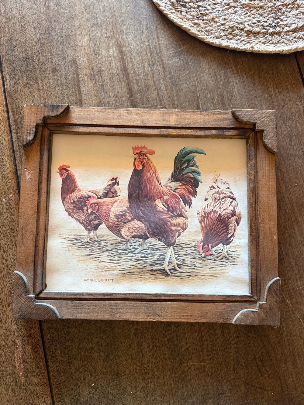 Framed wooden rustic print by Michael Bartlett rooster and hens chicken